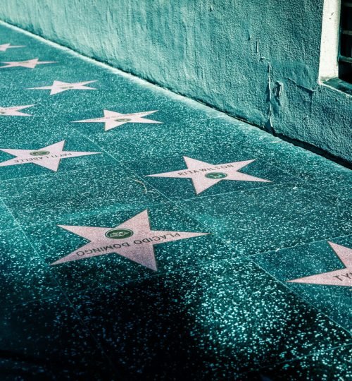 View of Hollywood Walk of Fame with stars on the sidewalk in Los Angeles, California.